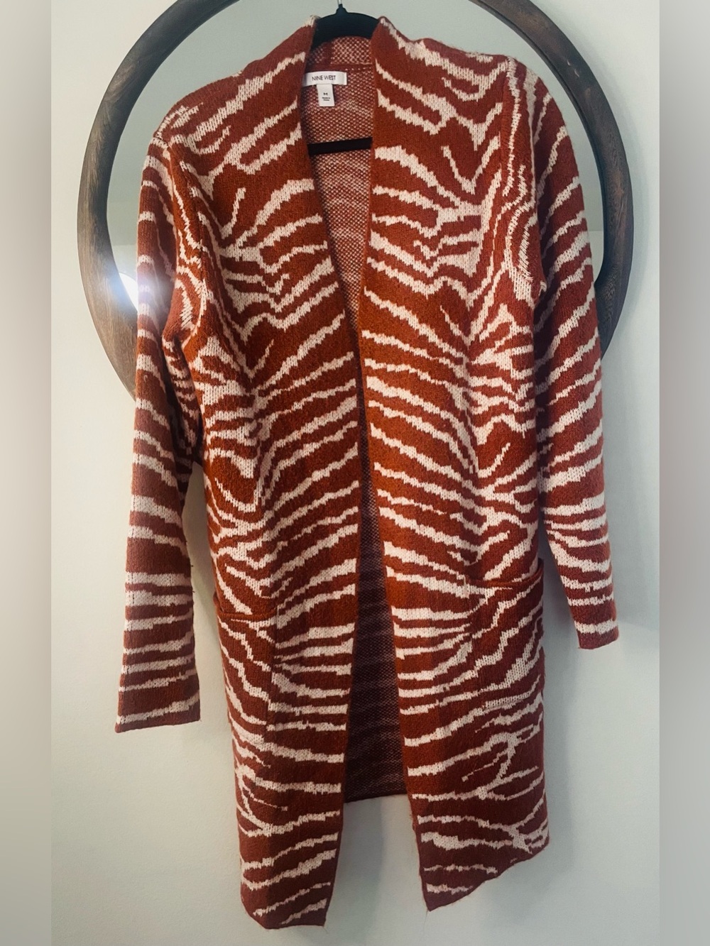 Nine West Rust and Cream Zebra-Pattern Open Cardigan